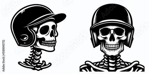 skeleton with baseball helmet. Football Sports Ball Game silhouette Clipart Line Art Vector Illustration. Bony figure wearing a protective headgear for ballpark.