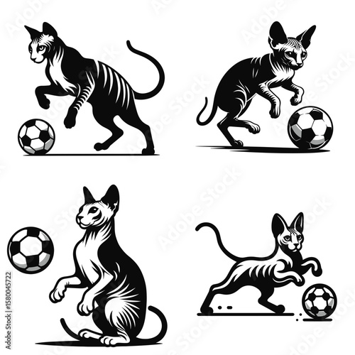 Sphynx Cat play soccer. Football Sports Ball Game silhouette Clipart Line Art Vector Illustration. Hairless feline enjoys kicking a ball playing with house pet.