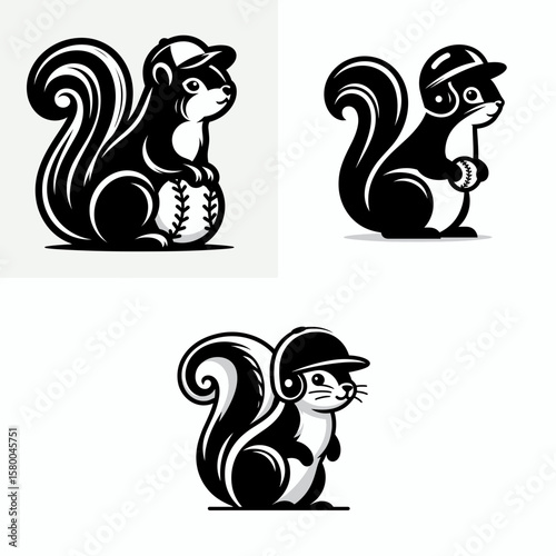 Squirrel with baseball helmet. Football Sports Ball Game silhouette Clipart Line Art Vector Illustration. Rodent wearing protective headgear for sport nut animal safety device.