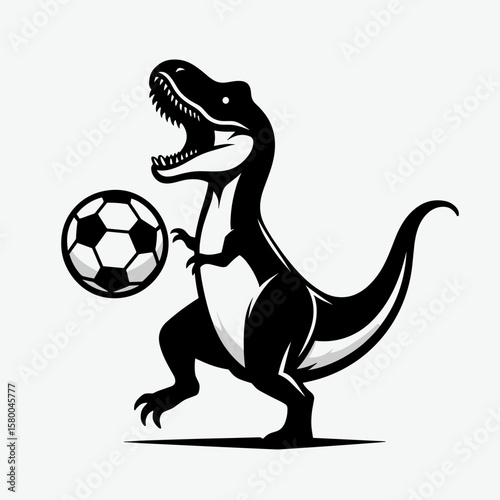 T rex play soccer. Football Sports Ball Game silhouette Clipart Line Art Vector Illustration. Huge reptile enjoys a game kicking one around on the field.