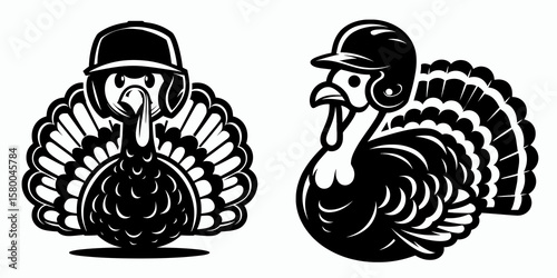 Turkey with baseball helmet. Football Sports Ball Game silhouette Clipart Line Art Vector Illustration. Fowl wearing protective headgear for game domestic bird sporty attire.