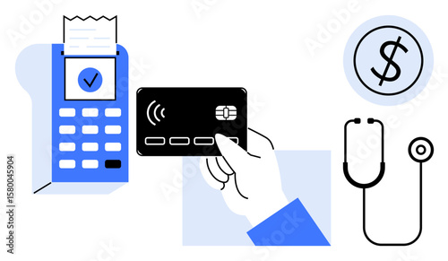 Payment terminal with receipt, credit card transaction, stethoscope, and dollar sign highlighting healthcare finance. Ideal for fintech, healthcare, e-commerce, medical expenses, technology