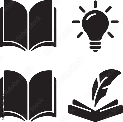 Creative Learning Vector Icons Books, Idea Bulb and Feather Quill Symbols for Education, Writing and Knowledge Sharing (akash.eps)