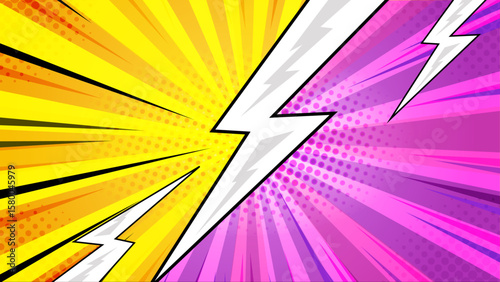 Vibrant yellow and purple lightning bolt in comic book style suitable for superhero themed designs and dynamic graphic projects. Energize your creations!