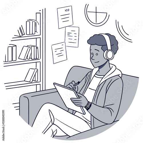 Illustration of a person sitting in a chair drawing on a tablet with a bookshelf and papers in the background
