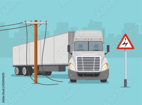 Traffic regulation rules and tips. Overhead cables warning sign area. Downed power line on road. Front view of a turning heavy vehicle. Flat vector illustration template.