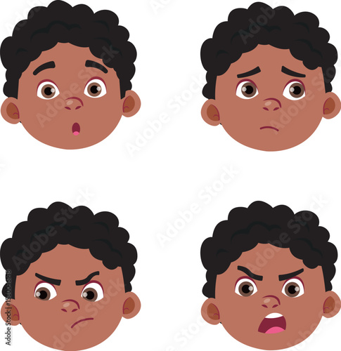 Cartoon Boy Facial Expression Set of Four Emotions Including Surprise, Sadness, Anger and Frustration