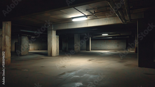 Analog horror style, dark underground parking garage