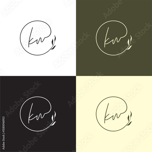 K Kw letter calligraphy minimal monogram with circle leaf ornament logo. Decorative elements for design. Vintage and rustic styles. Hand drawn floral wreath