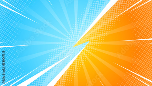 Vibrant blue and orange comic book background suitable for graphic designs, posters, children's books, digital illustrations, and superhero themes.