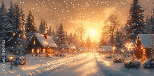 Snowy village winter evening warm lights image