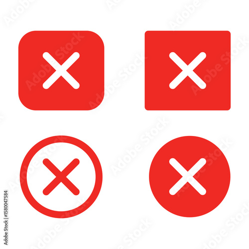 Red Cancel Close Icon Set – Flat Vector X Mark Buttons in Circle and Square Shapes