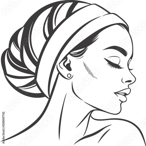 Vector art of a womans profile with her hair wrapped in a towel, showcasing her elegant features