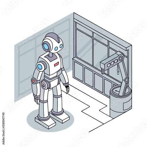 Robotics Learning Illustration Robot Educating a Human with Assembly Line Vector Image