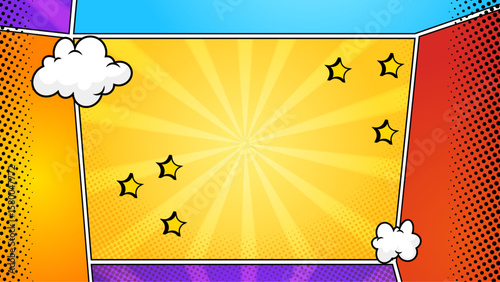Colorful comic book background with stars and clouds suitable for children's books, posters, banners, and social media graphics design.
