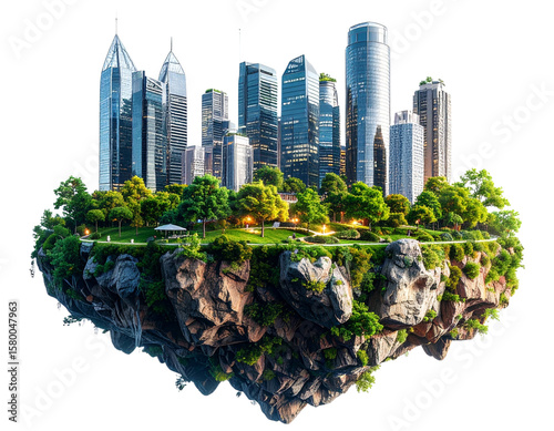 Futuristic Floating Island City with Glass Skyscrapers and Green Parks – AI Generated PNG