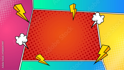 Colorful comic book panel with speech bubbles and lightning bolts. Great for comic book illustrations, graphic novels, superhero themes, and storytelling.