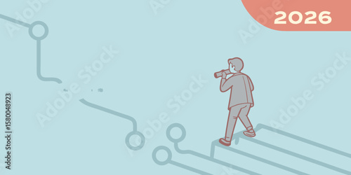 Vision 2026 Strategic foresight illustration depicting future trends and individual looking through binoculars, exploring technological pathways.