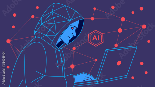 AI Hacker A Digital Illustration of Cybercrime and Artificial Intelligence Threat, Showing Online Security Breach 
