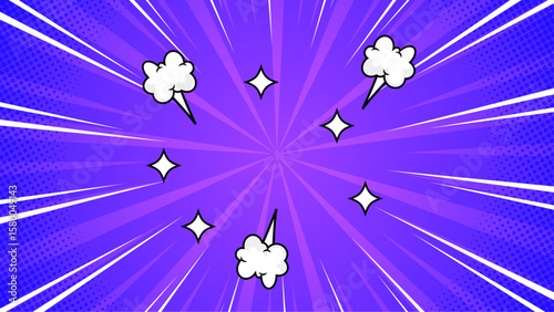 Purple comic book background with speed lines and explosions; suitable for graphic design, posters, comic book illustrations, and superhero themed projects.