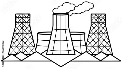 Illustration of a Nuclear Power Plant with Cooling Towers in a Stylized, Low Poly Wireframe Style