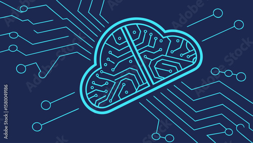 Modern Cloud Technology Neon Outline of Cloud Connected with Circuit Board Pattern