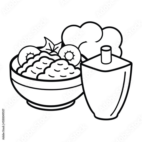 Outlined Illustration of a Healthy Meal with Bowl, Salad, and Condiment Container on Clean White Background