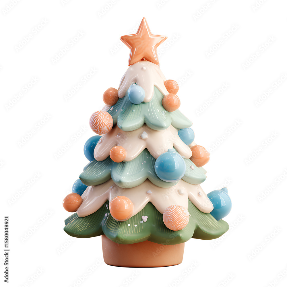 Obraz premium Cute Soft Lighting 3D Christmas Tree in Clay Style with Decorations, Isolated on Transparent White Background