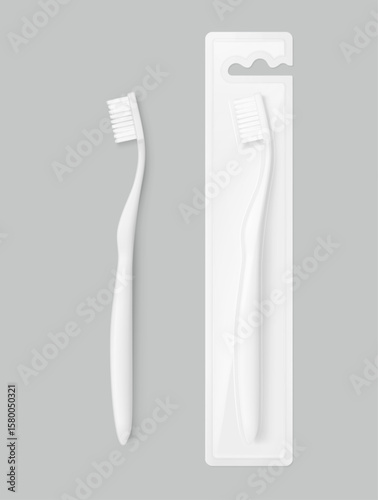 Realistic toothbrush with packaging box mockup. Vector illustration isolated on grey background. Ready and simple to use for your design. EPS10.