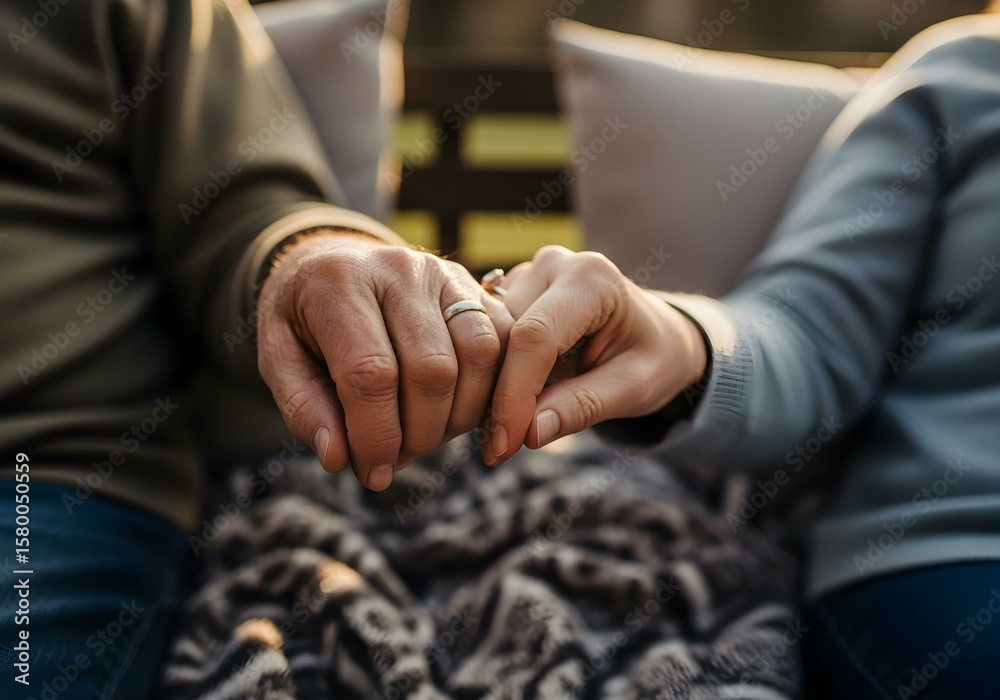Fototapeta premium A close-up of an elderly couple's hands holding each other