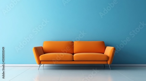 Interior with an orange sofa in a modern living room with a mock-up wall, offering a customizable and dynamic design. Panorama, Generative AI