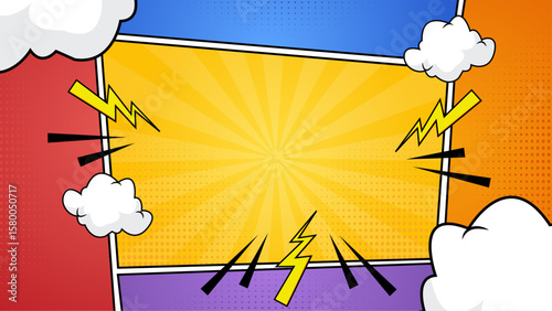 Colorful comic book themed image with speech bubbles and lightning bolts suitable for graphic design projects, comic books, social media posts.
