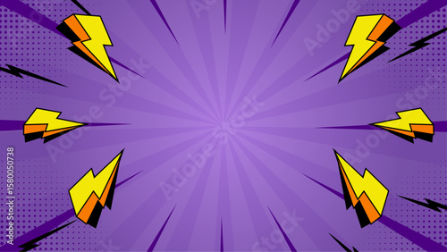 Purple comic book background with yellow lightning bolts, perfect for superhero themed designs, posters, greeting cards, and children's party decorations.