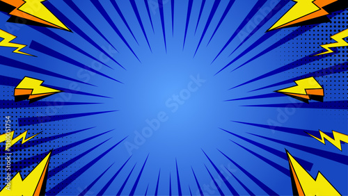 Blue comic book background with radiating lines and lightning bolts, ideal for comic book covers, superhero themed designs, or action packed graphics.