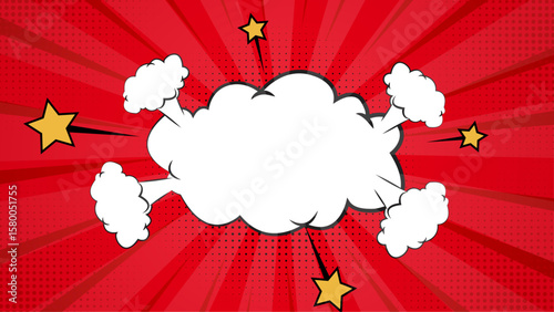 Red comic book style speech bubble with stars. Comic book illustrations, superhero themes, social media posts, kids party invitations, graphic design projects.