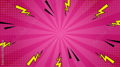 Pink comic book background with yellow lightning bolts suitable for superhero themed designs, children's book illustrations, and dynamic graphic projects.