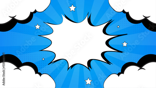 Blue comic book speech bubble with stars; perfect for adding fun, whimsical text in comic strips, presentations, and social media posts.