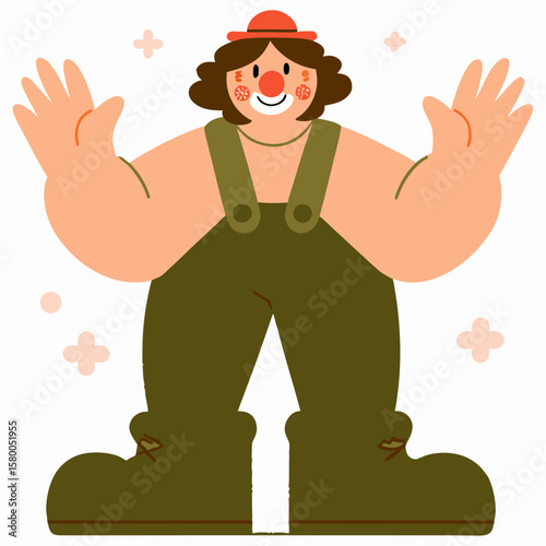 Cheerful clown waving with large hands and colorful outfit  
