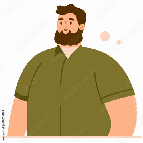 Bearded man in green shirt with thoughtful expression on white background  