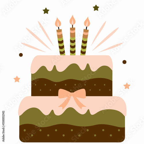Illustrated birthday cake with candles and stars in pastel colors  