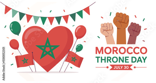 Morocco Throne Day illustration with patriotic heart, flags, fists, balloons, and pennants celebrating unity and monarchy on July 30