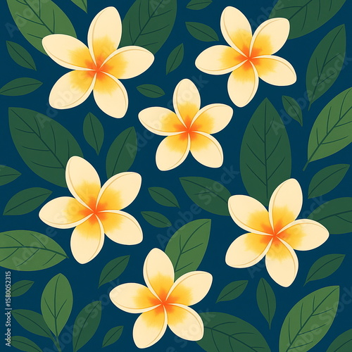 Flat seamless exotic floral design with plumeria frangipani flowers in yellow and white, green tropical leaves on deep teal background, ideal for fabric prints, wrapping paper, and surface decor