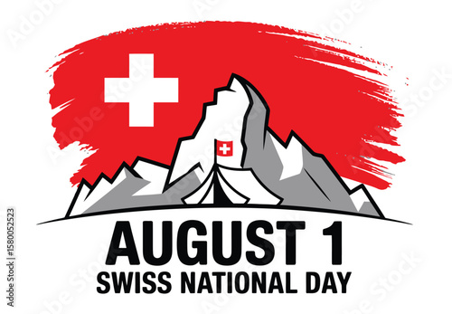 Swiss National Day poster with stylized mountain range, Swiss flag, red sky, and white cross emblem celebrating August 1 patriotism