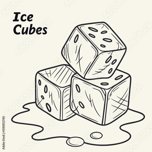 Vector art of a sketch of three ice cubes melting into a puddle, with the words ice cubes