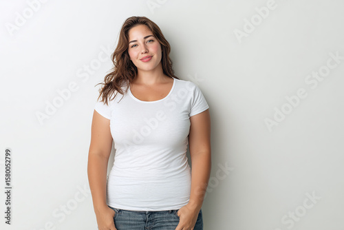 A plus size Latina woman standing straight with a gentle smile, wearing a plain white fitted t-shirt and jeans. 