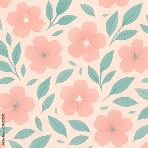 Seamless botanical pattern featuring delicate light coral flowers with teal leaves on a pale pink background, flat flower illustration in soft spring pastel style, perfect for wallpaper, fabric, wrapp