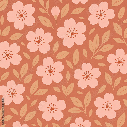 Wallpaper Mural Cherry blossom pattern seamless design with light pink sakura flowers, soft beige leaves on rusty red background, minimalist Japanese floral art, spring nature theme, elegant flat botanical wallpaper Torontodigital.ca