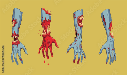 Zombie arms cad drawing flat vector illustration, progressive damage from decay, exposed bone and muscle anatomy, front view horror character sketch
