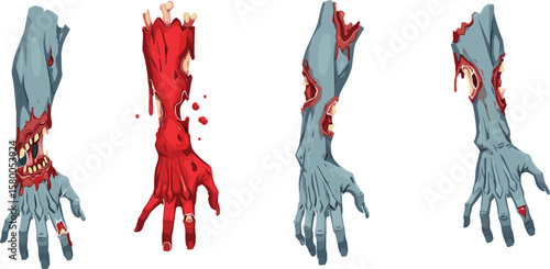 Zombie hand cad drawing flat vector illustration, four terrifying limbs with bone exposure and blood, front view horror anatomy sketch