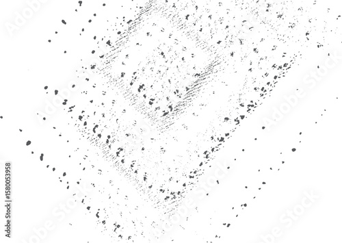 Grunge arrowhead ink splatter texture. Abstract chevron direction smear with dirty dots. Modern distressed background surface.